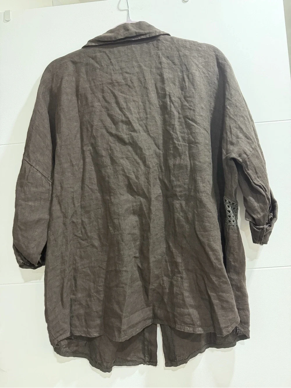 Crochet Panel Button-Front Linen Shirt Jacket - Brown one size fits all